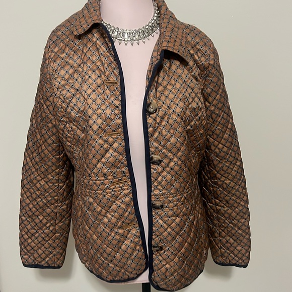 Talbots quilted lightweight navy/brown button up jacket - Picture 1 of 9